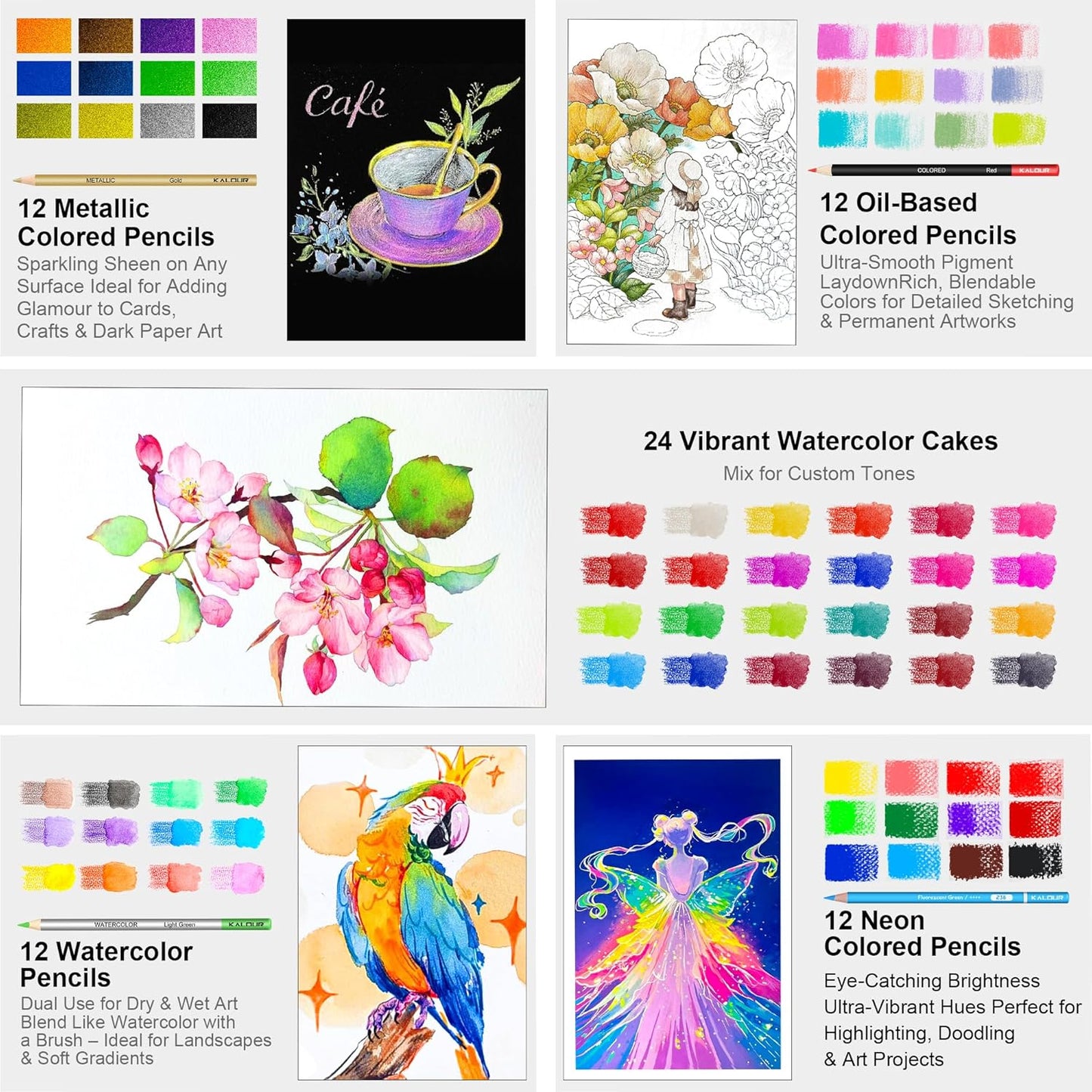 KALOUR 135 Drawing Set Sketching Kit,Art Supplies with 3-color Sketchbook & Coloring Paper,Include Tutorial, Oil Based, Neon,Graphite, Charcoal, Watercolor & Metallic Pencil,for Artist Adults Beginner