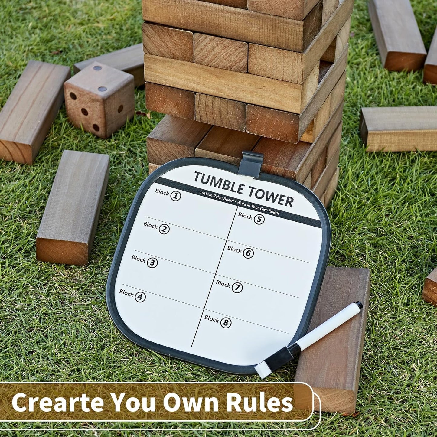 ApudArmis 60 PCS Giant Tumble Tower Stack to 5Ft, Pine Wooden Stacking Timber Game with 1 Dice Set - Classic Block Giant Outdoor Game for Adults Family (Brown)