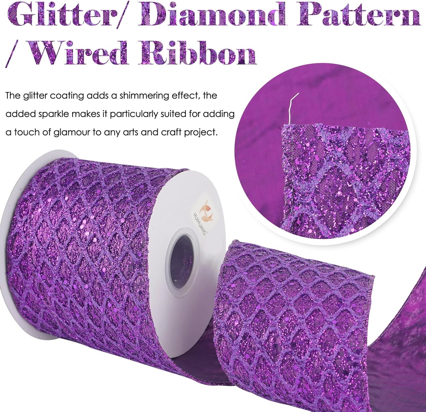 HUIHUANG Purple Wired Christmas Ribbon 4 inch Purple Glitter Wired Ribbon Diamond Mesh Wire Ribbon for X-mas Tree Decorations, Wreaths, Garland, Large Bows Making, Home Decor -10 Yards