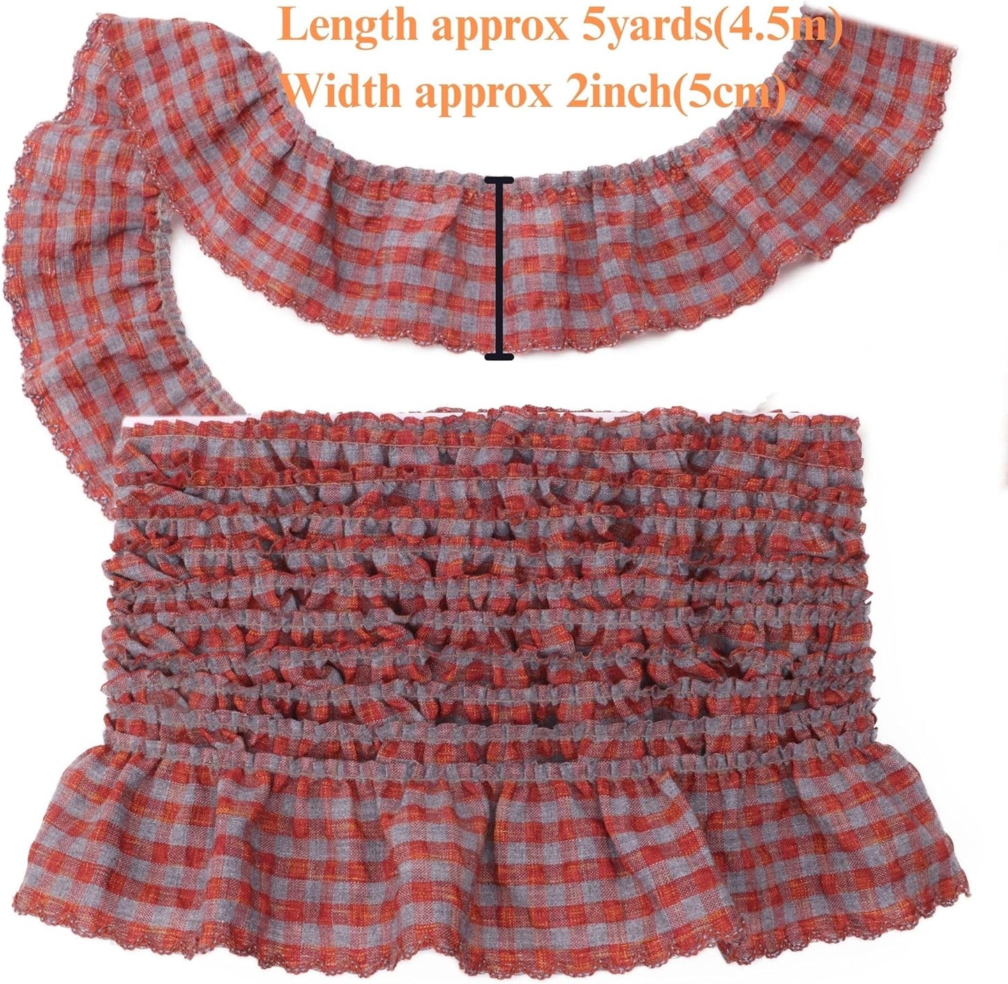 Gingham Ruffle Lace Trim Pleated Lace 5 Yards Gathered Gingham Fabric Edge Ribbon Trim for Dresses, Wedding Gowns, Crafts, Home Decor (Red)