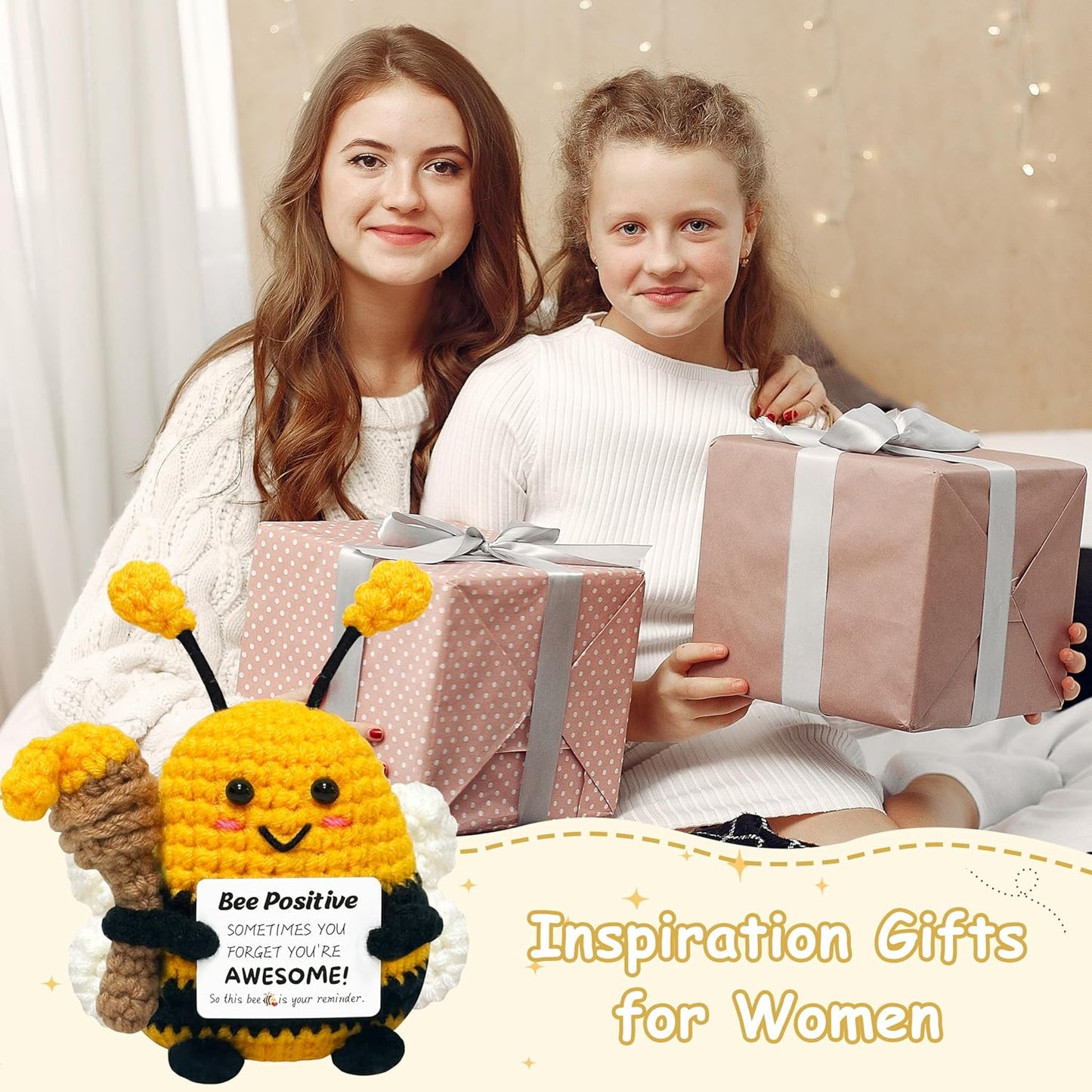 Positive Crochet Animals Bee Gifts - Birthday Gifts for Women Men, Inspirational Gift for Sister Friends Coworkers Boss, Appreciation Presents, Emotional Cheer Up Crochet Bee Cute Decor Small Stuff