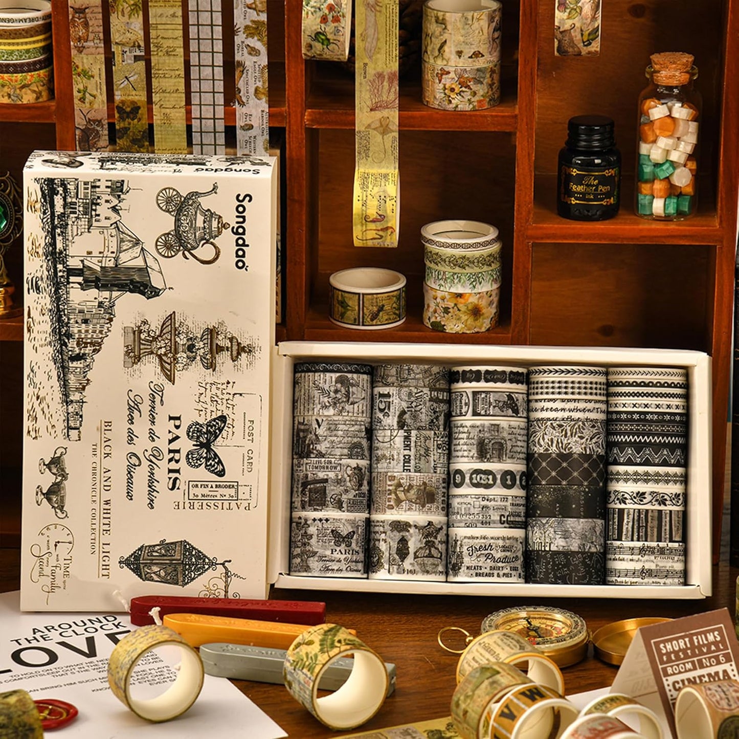 36 Rolls Vintage Washi Tape Pack Retro Arts Adhesive Tapes Wide Chronicle Decorative Masking Tape Sets for Craft, Kids, Scrapbook, DIY, Gift Wrapping (Black & White Light)