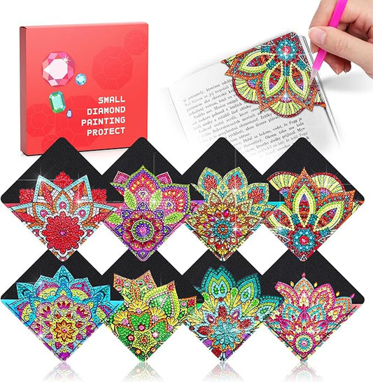 8 PCs Christmas Diamond Art Corner Bookmarks Leather Dimond Painting Book Mark Kit for Adults Paint by Dots Bookmarkers Craft DIY Gem Small Dotz Gifts for Women Mandala Flower Black Lotus