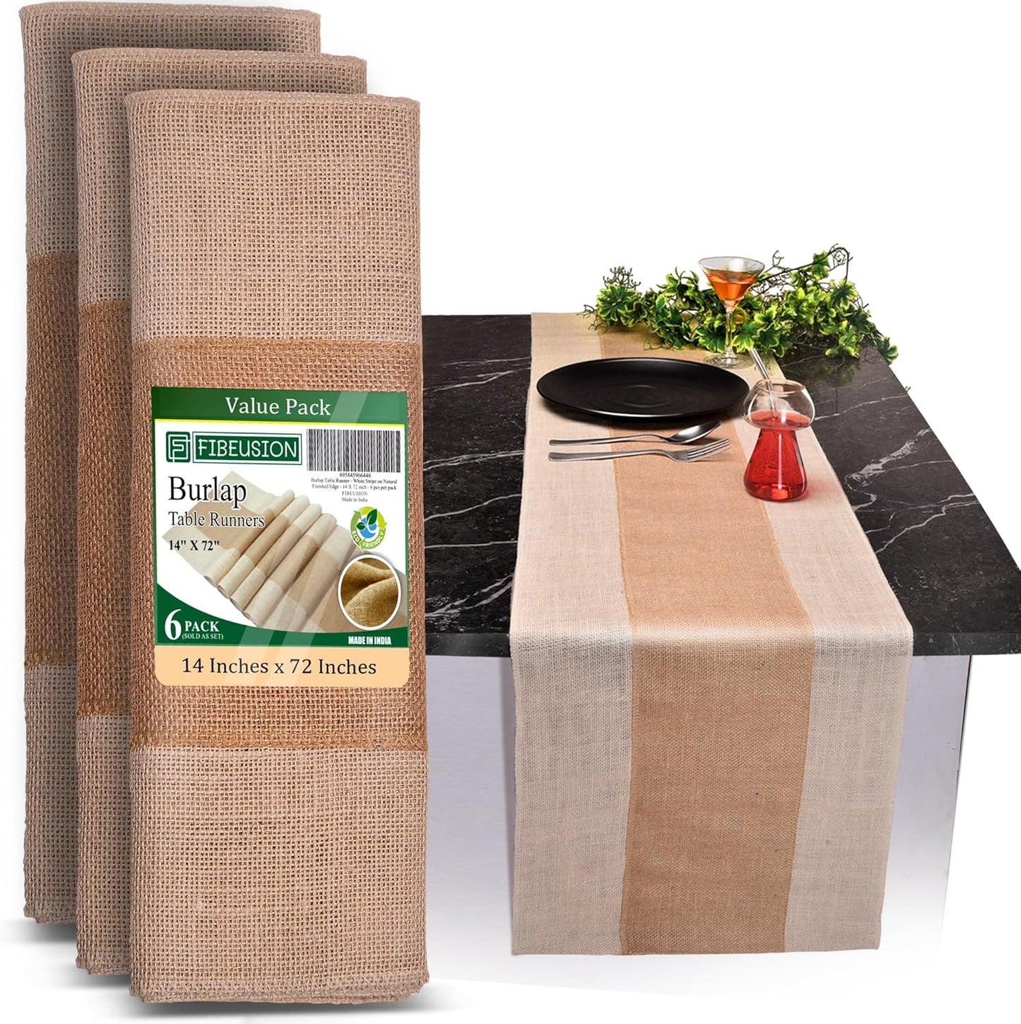 Burlap Table Runners (Pack of 6) – 14”x 72” - No-Fray Finished Edge Natural Table Runner – No Odor Farmhouse Style Natural Stripe on White Burlap Runner - Perfect for Christmas, Wedding, Thanksgiving