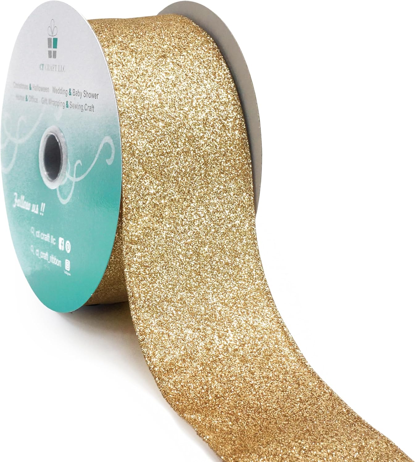 CT CRAFT LLC Glitter Wired Ribbon 2.5" x 20 Yards Light Gold for Christmas Home Decor Bow Gift Wrapping DIY Crafts Wreath