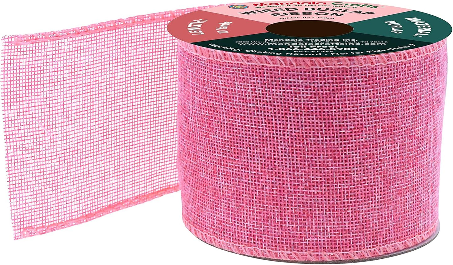 Mandala Crafts Pink Burlap Wired Ribbon 3 Inches Wide Jute Ribbons for Crafts - 10 Yds Roll Rustic Burlap Wrap Trim Ribbons for Wreaths Bows Party Decoration