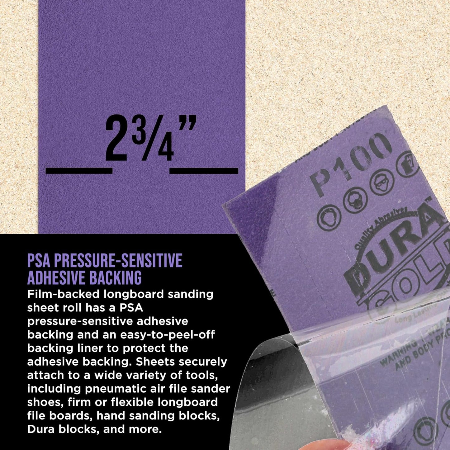 Dura-Gold Premium 100 Grit PSA Purple Film Ceramic Longboard Sandpaper, 2-3/4" Wide Continuous 20 Yard Roll - Self Adhesive Stickyback for Auto & Wood Air File Long Board Sanders, Hand Sanding Blocks