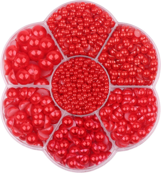 YAKA 3000 PCS 1 Box 7Sizes 2.5/3/4/5/6/8/10mm Flat Back Half Round Pearl Cabochon Bead Loose Beads Gem for Nail Craft Scrapbook DIY Decoration (Red)