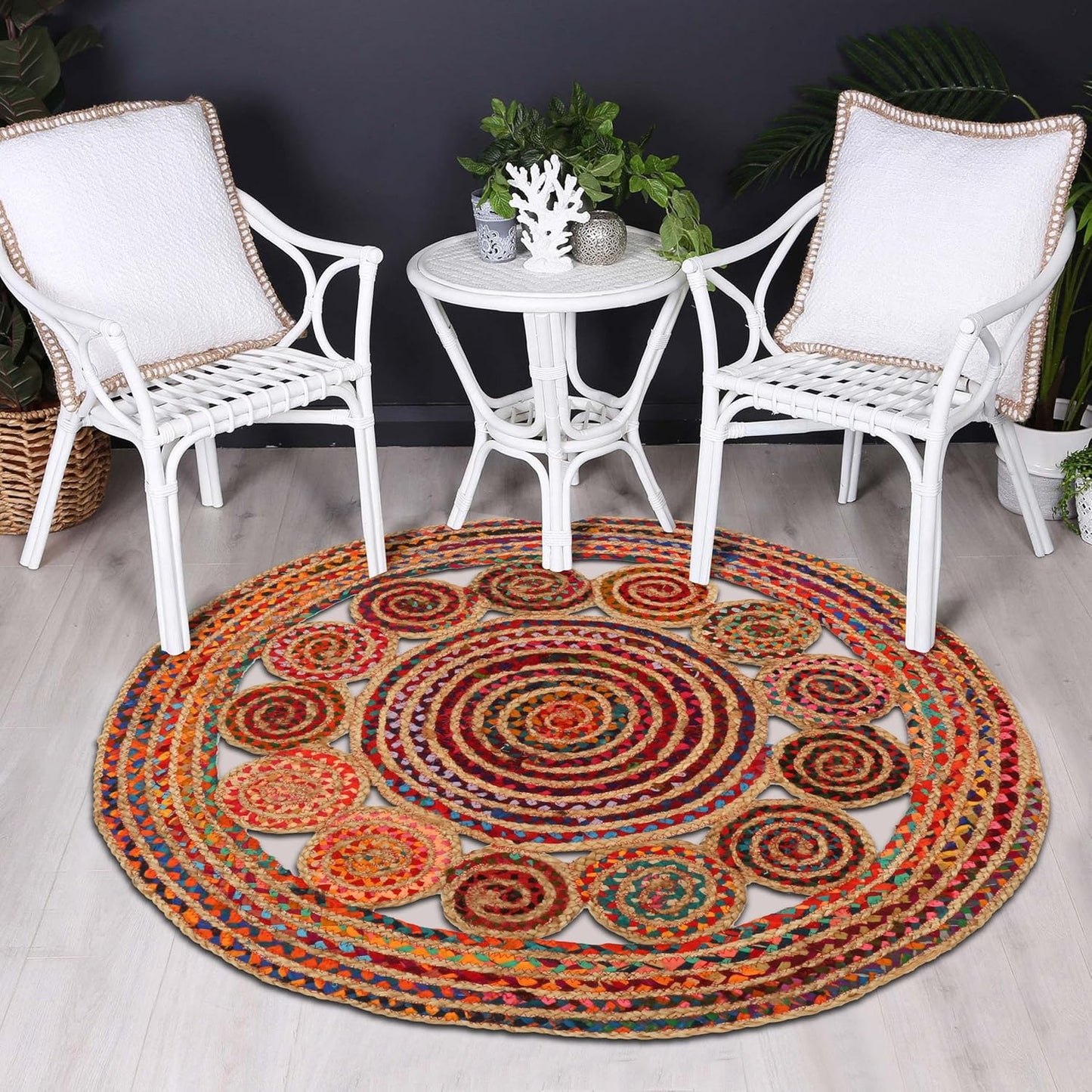 3' Round Handwoven Jute Chindi Area Rug - Colorful Boho Rugs for Living Room - Hand Braided Multicolor Bohemian Rug for Farmhouse, Bedroom, Dining Room, Classroom, Hallway, Kitchen, Office