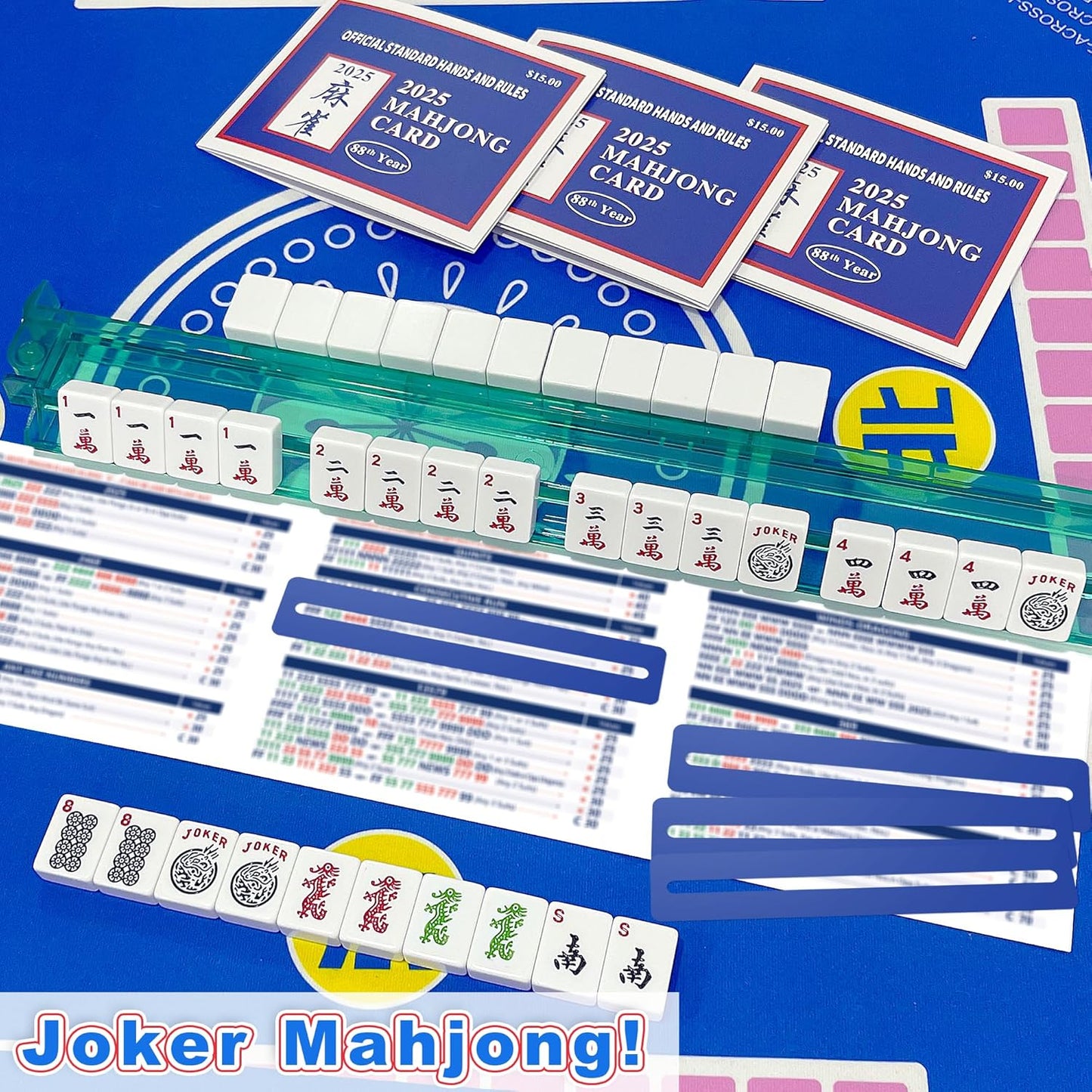 2025 Mahjong Card Official with Mahjong Line Reader, Mahjong Cards Official Rules Version Large Print Style, 4-Pcs(Blue)