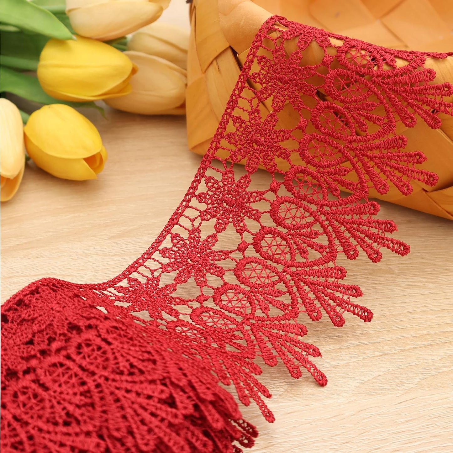 GXTIZAS Burgundy Lace Trim 5 Yards Wide Venise Lace Ribbon Embroidered Edge Trim for Sewing Crafts Pillow Case