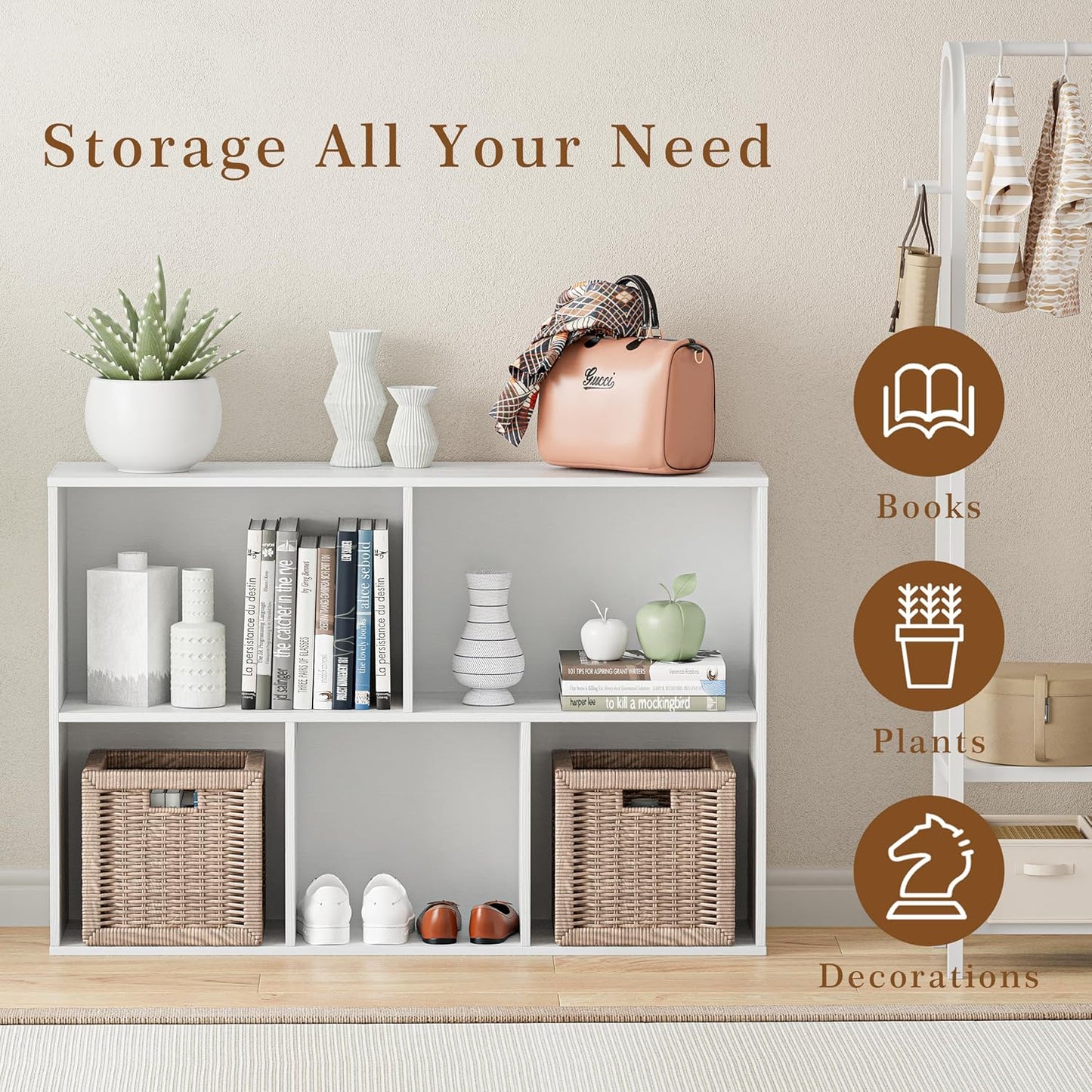 Wooden Cube Storage Organizer with Closed Back Panel, 11in Cube Shelf Opening, Bookshelf, Display Shelf,Closet Cabinet for Home and Office (Embossed White, 5-Cube 35.98L*9.45W*24.09H)