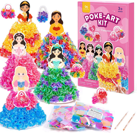 PP OPOUNT Poke Art Kits for Girls, 5 pcs 3D Magical Princess & 5 Bags Kids Paper Craft Kits, DIY Wood Craft Kit, Mess-Free Creative Activity Art and Crafts, Birthday Christmas Gift for Girls Ages 4-8