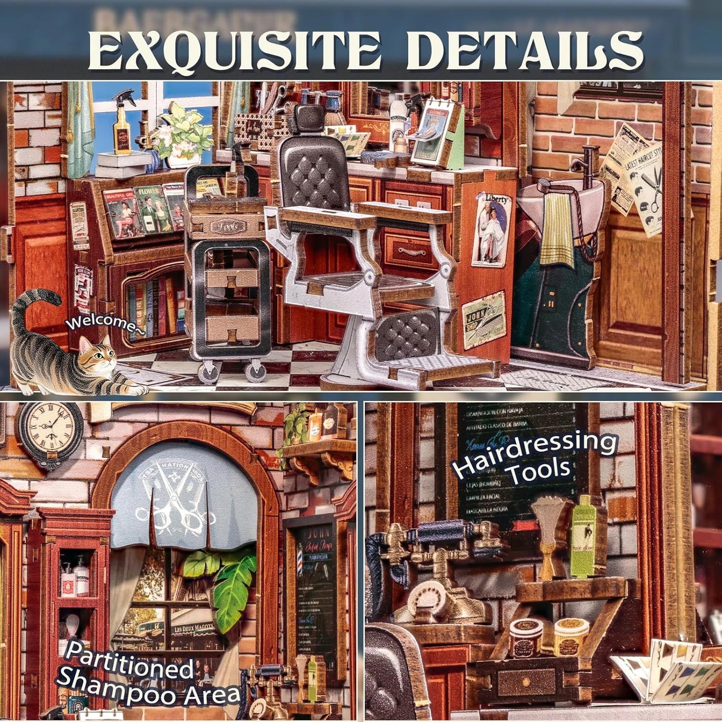 Cutefun Book Nook Kit - DIY Miniature Dollhouse Kit for Adults and Teens, Barbershop Mini House Building Kit with LED Bookshelf Insert Decor Creative Gifts (John's Hair Salon)