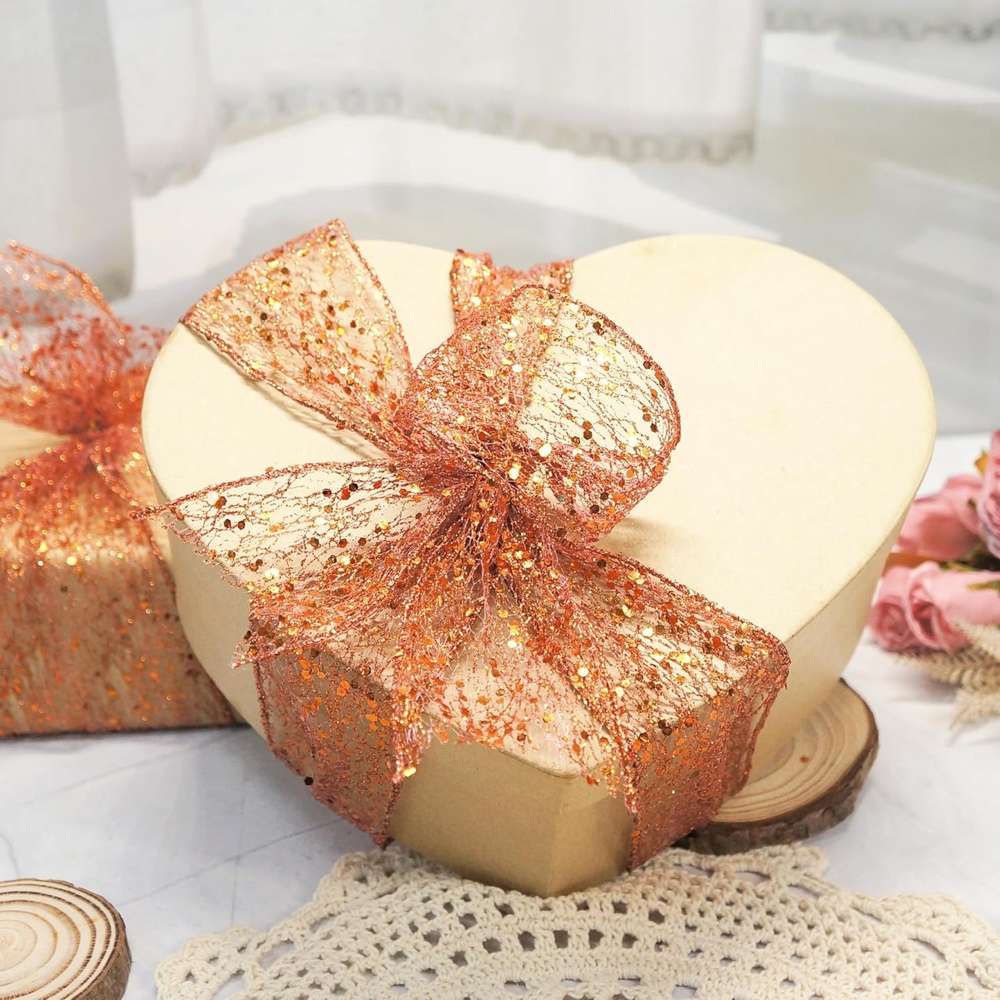 CT CRAFT LLC Sparkling Glitter Mesh Wired Ribbon 2.5" x 20 Yards Bronze Orange for Christmas Home Decor Bow Gift Wrapping DIY Crafts Wreath