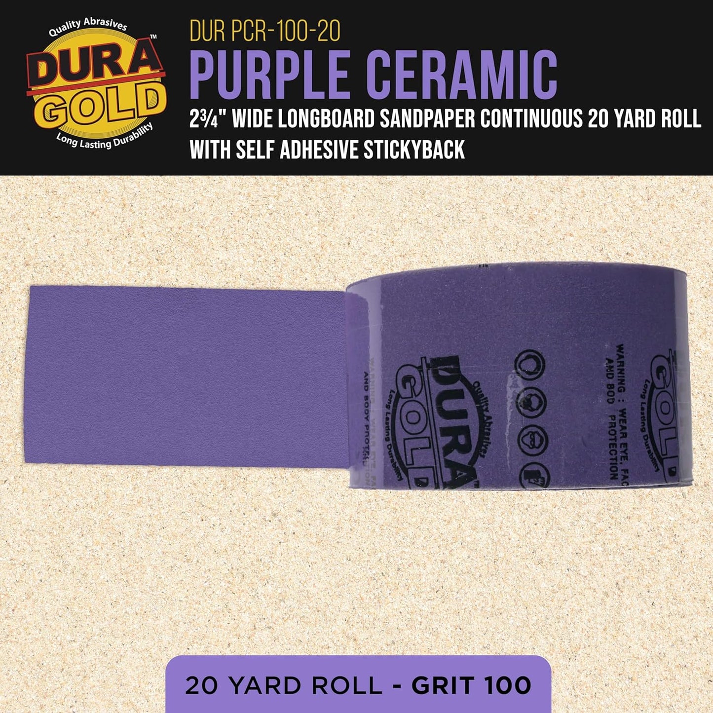 Dura-Gold Premium 100 Grit PSA Purple Film Ceramic Longboard Sandpaper, 2-3/4" Wide Continuous 20 Yard Roll - Self Adhesive Stickyback for Auto & Wood Air File Long Board Sanders, Hand Sanding Blocks