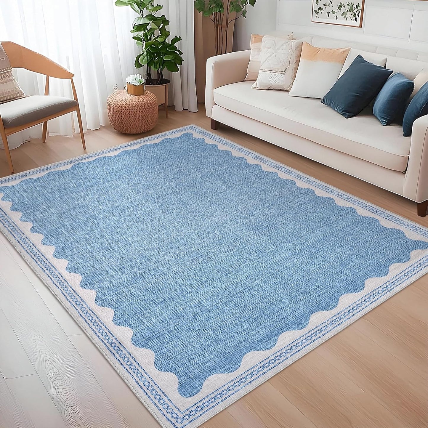 Scalloped Rug 4x6 Rugs for Entryway, Small Area Rugs Solid Blue Rug for Bedroom Girls, 4x6 Washable Rugs for Living Room, Non Slip Scalloped Bath Mat, Soft Dorm Nursery Carpet for Bedside