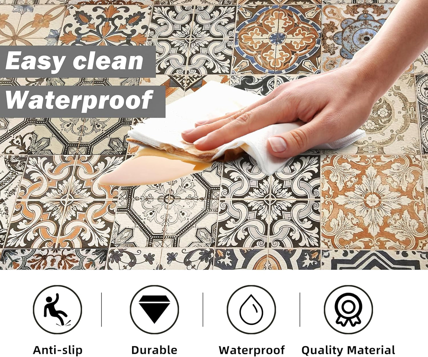 Boho Kitchen Rugs Set 2 Memory Foam Colorful Ceramic Comfort Tile Floor Mat Anti Fatigue Non-Skid PVC Runner Rug Water & Oil Proof Carpet for Kitchen Laundry Sink,17.3x28+17.3x47 Inch, C3