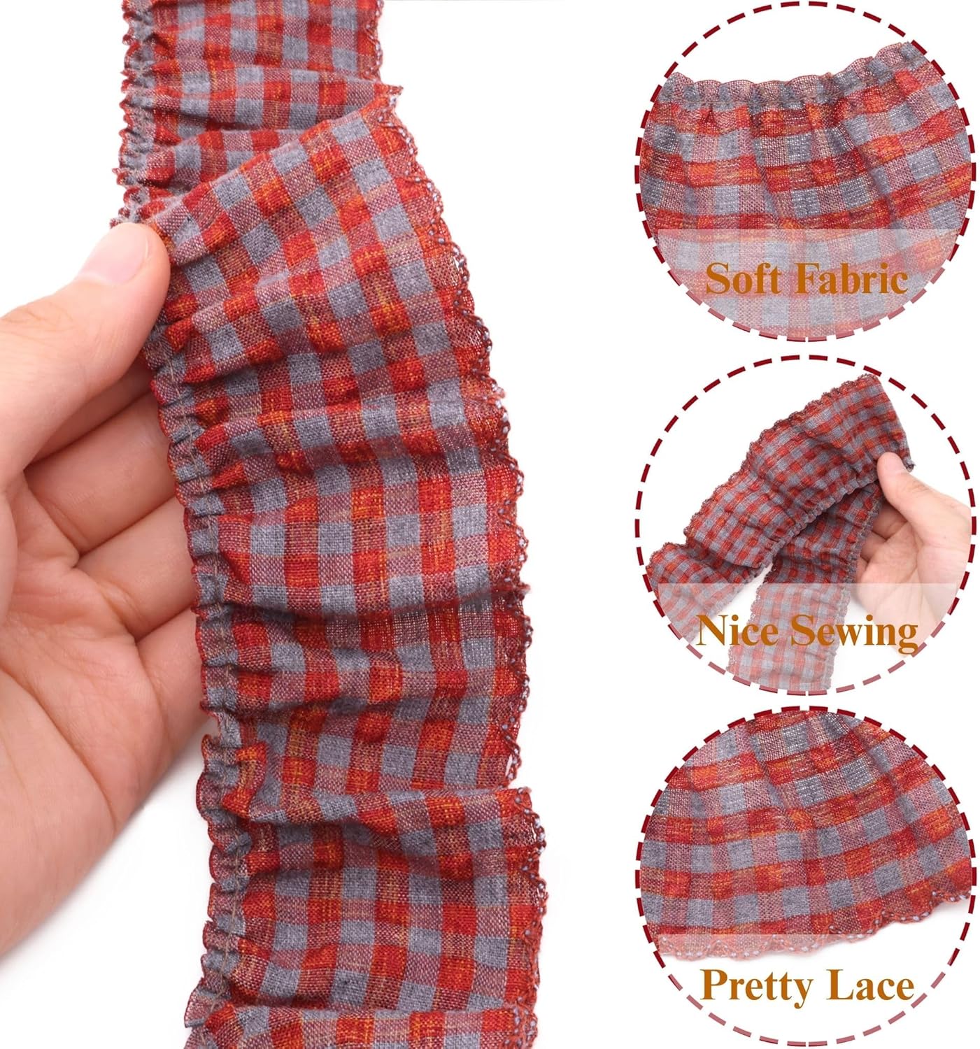 Gingham Ruffle Lace Trim Pleated Lace 5 Yards Gathered Gingham Fabric Edge Ribbon Trim for Dresses, Wedding Gowns, Crafts, Home Decor (Red)