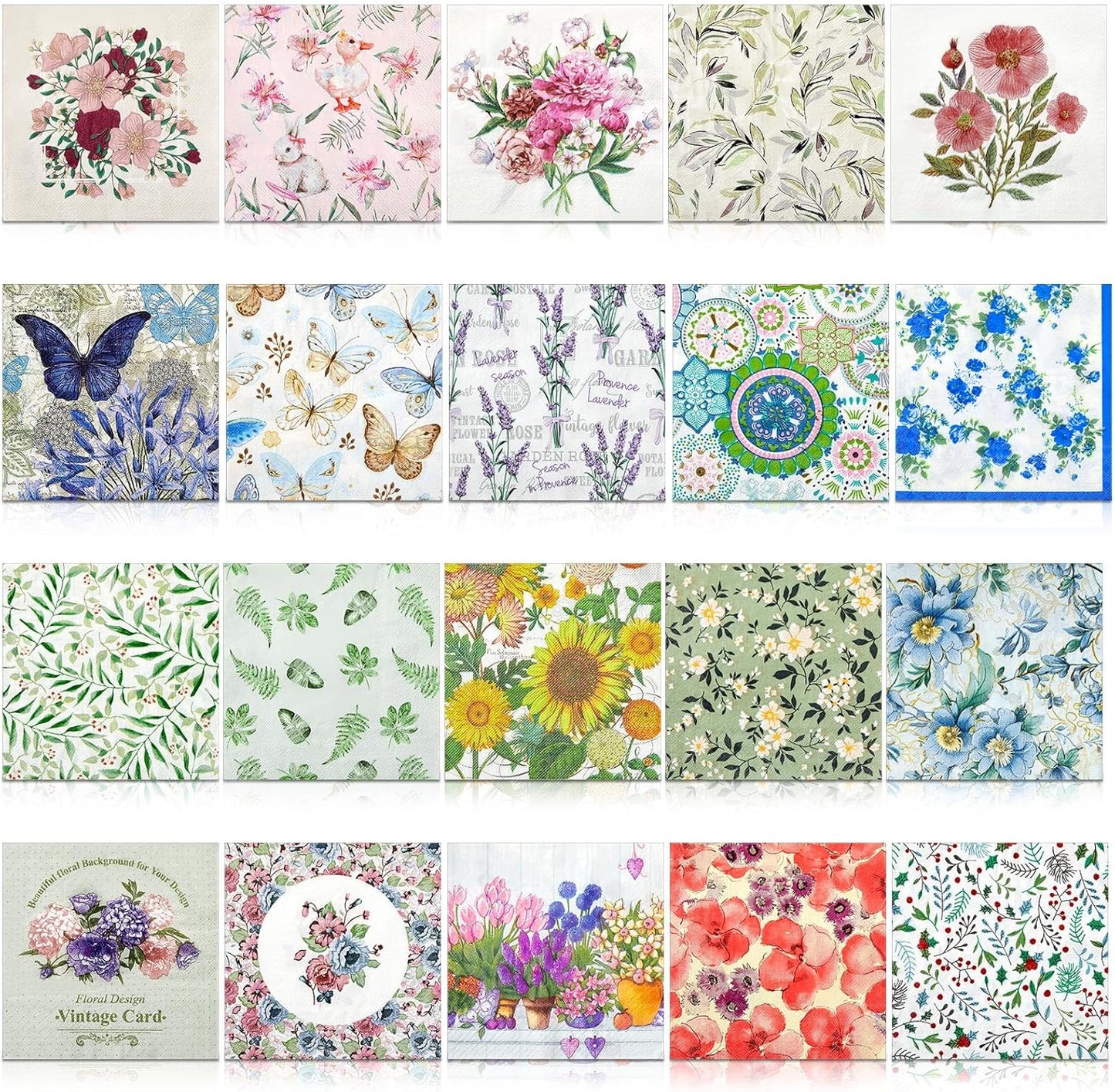 Crtiin 20 Pack Assorted Floral Napkins for Decoupage Toilet Napkins Flower Cocktail Decorative Paper for Birthday Party Beautiful Gorgeous, 20 Styles Each 6.5 inches(Style 7)