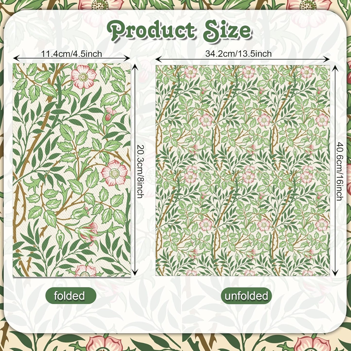 80PCS William Morris Paper Napkins, Greenery Floral Guest Disposable Napkins – Golden Lily & White Green Wildflowers Design Dinner Hand Napkins for Wedding, Bridal Shower,Vintage Floral Table Supplies