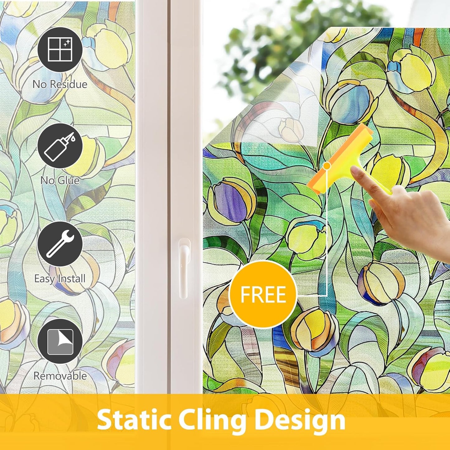 3D Stained Glass Window Film, Decorative Window Privacy Film for Bathroom,Front Door,Home, Sun Blocking Heat Control,Static Cling, Moonlight Tulip, 23.6inch x 35.4inch