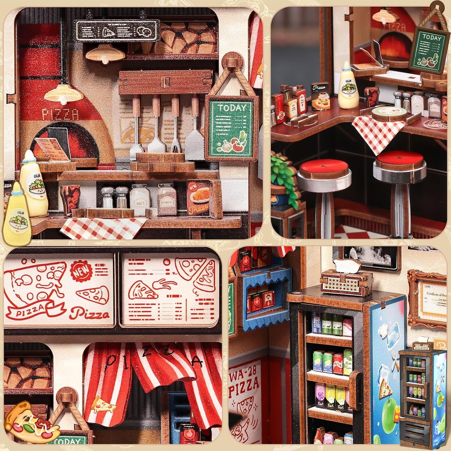 CUTEBEE Book Nook Kit - DIY Miniature House Dollhouse Kit for Adults and Teens, Booknook Tiny House Pizza Shop Bookshelf Decor 3D Wooden Puzzle, Gifts for Family, Friends (Uncle Joe's Pizzeria)