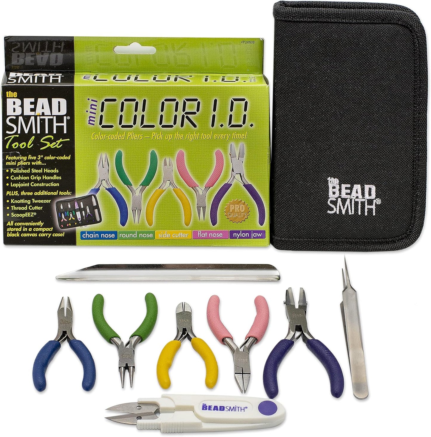 The Beadsmith Mini Color-ID Set – 3”, 8-Pieces Includes: Chain Nose, Round Nose, Side Cutter, Flat Nose, Nylon Jaw Flat Nose, Tweezers, Thread Snippers, Bead Scoop & Canvas Case – For Jewelry Making