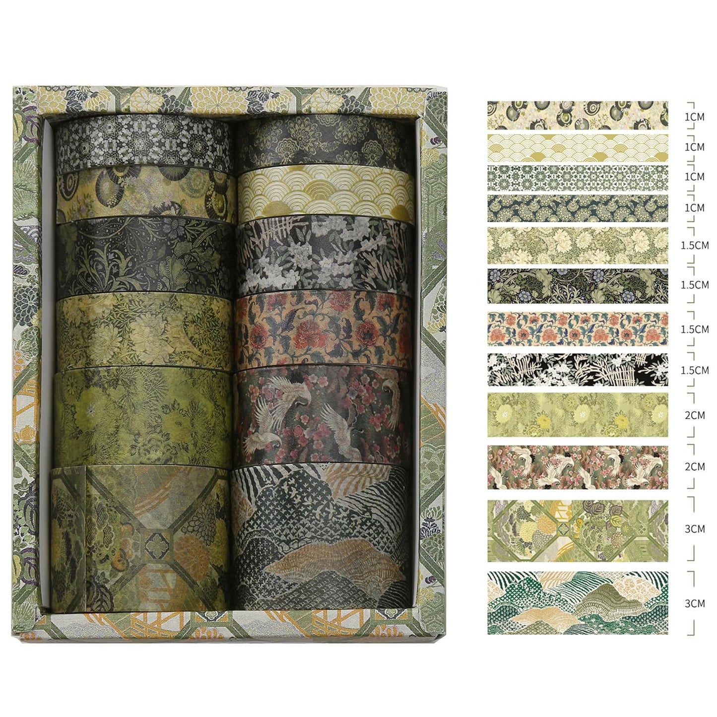 12 Rolls Kyoto Charm Washi Tape Set Japanese Arts Adhesive Tapes Geometric Garden Decorative Masking Tape Sets for Craft, Kids, Scrapbook, DIY, Gift Wrapping (Green Song)