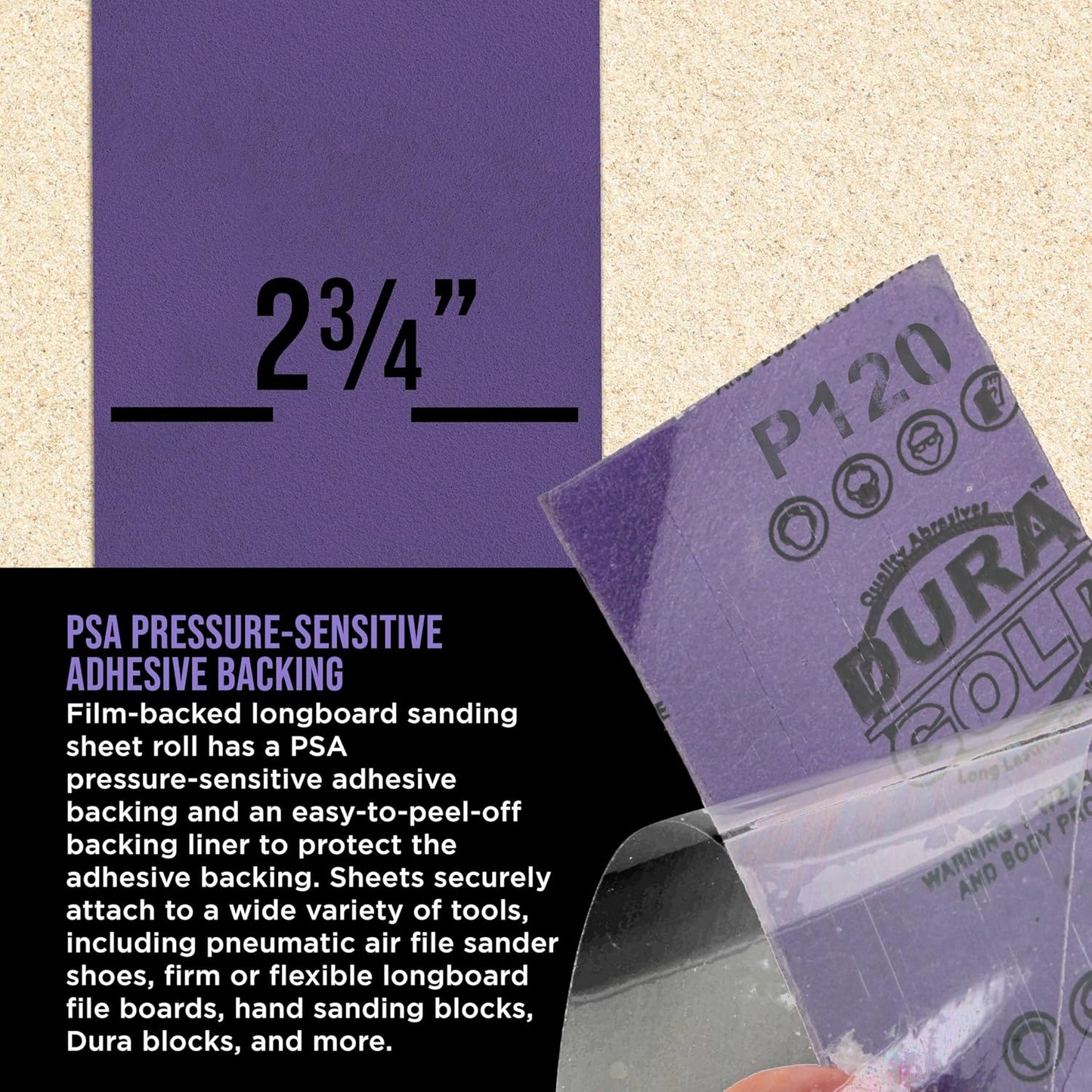 Dura-Gold Premium 120 Grit PSA Purple Film Ceramic Longboard Sandpaper, 2-3/4" Wide Continuous 20 Yard Roll - Self Adhesive Stickyback for Auto & Wood Air File Long Board Sanders, Hand Sanding Blocks