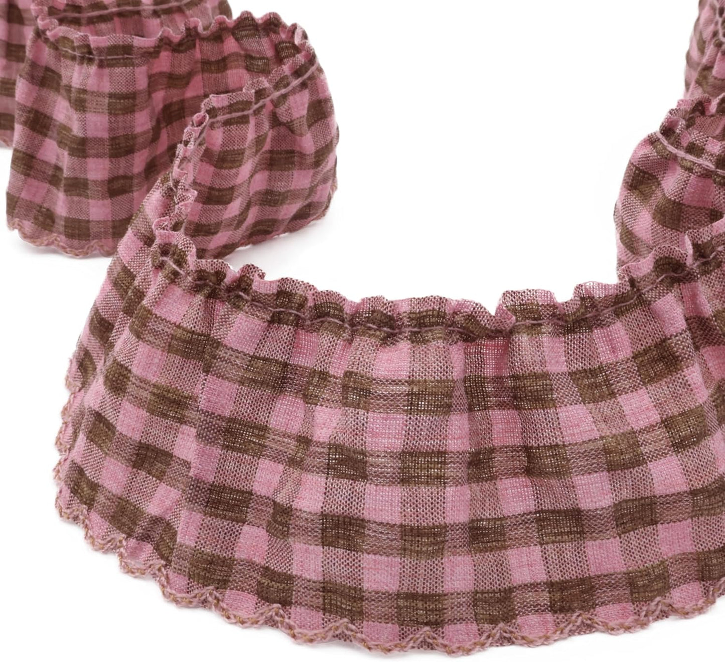 Gingham Ruffle Lace Trim Pleated Lace 5 Yards Gathered Gingham Fabric Edge Ribbon Trim for Dresses, Wedding Gowns, Crafts, Home Decor (Pink)