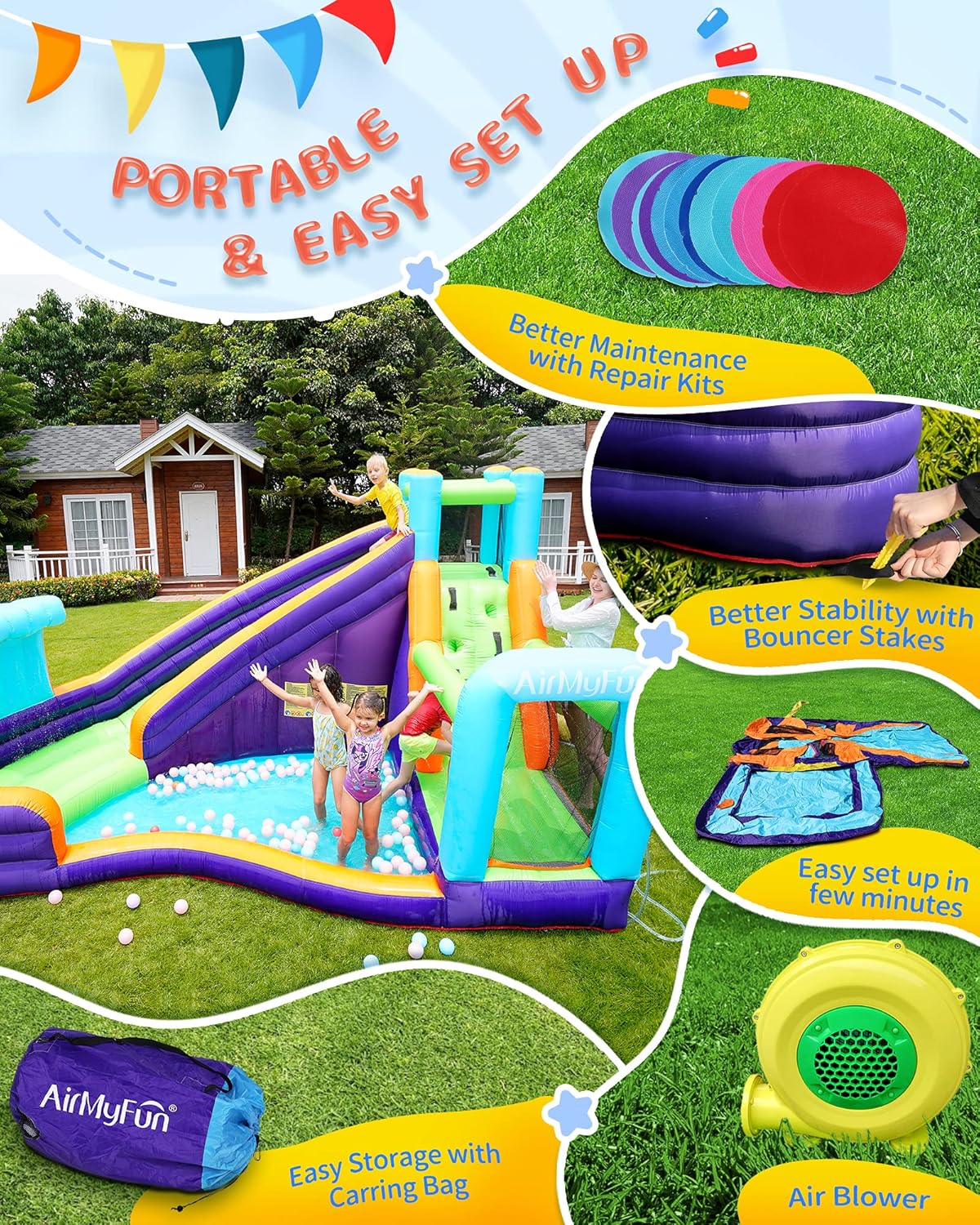 AirMyFun Inflatable Waterslide, Water Bounce House for Wet and Dry, Kids Bouncy House Water Park with Air Blower, Water Spray, Splash Pool, A83021