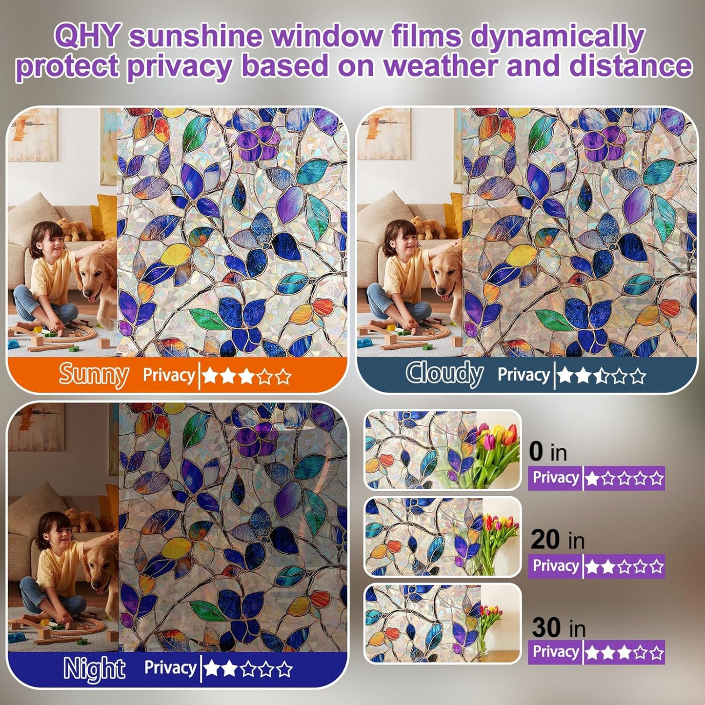 Window Privacy Film Stain Glass Window Film Rainbow Window Film Window clings Non-Adhesive Reusable Decorative for Room (Purple Rainbow, 35.4 X 157.4 in)