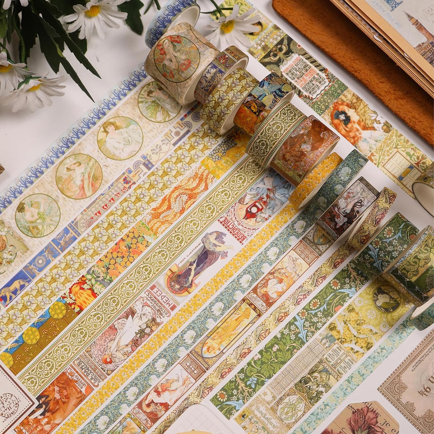 Vintage Washi Tape Set - 24 Rolls Arts Adhesive Tapes Assorted Retro Decorative Masking Tape Sets for Craft, Kids, Scrapbook, DIY, Gift Wrapping (1-Renaissance Dreams)