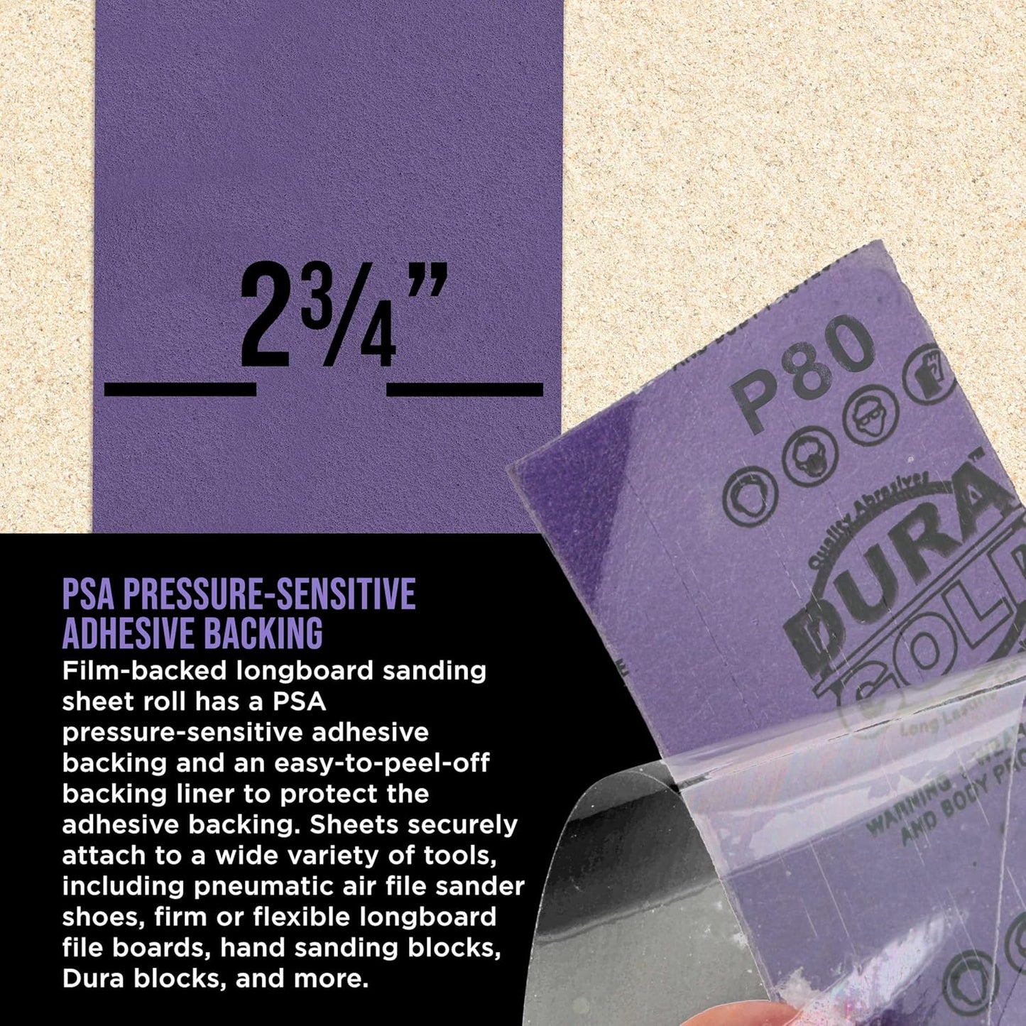 Dura-Gold Premium 80 Grit PSA Purple Film Ceramic Longboard Sandpaper, 2-3/4" Wide Continuous 20 Yard Roll - Self Adhesive Stickyback for Auto & Wood Air File Long Board Sanders, Hand Sanding Blocks