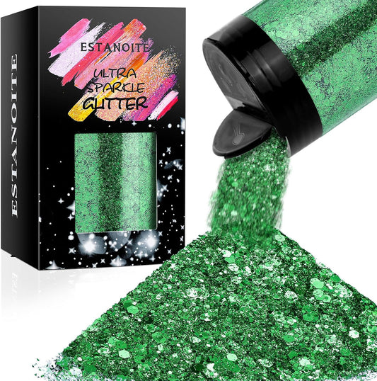Chunky Glitter, 160G/5.64OZ Craft Glitter for Epoxy Resin, Mixed Fine Glitter & Chunky Glitter, Metallic Chunky Glitter for Hair, Nail Arts, Body, Bulk Glitter for DIY Tumbler Painting (Xmas Green)