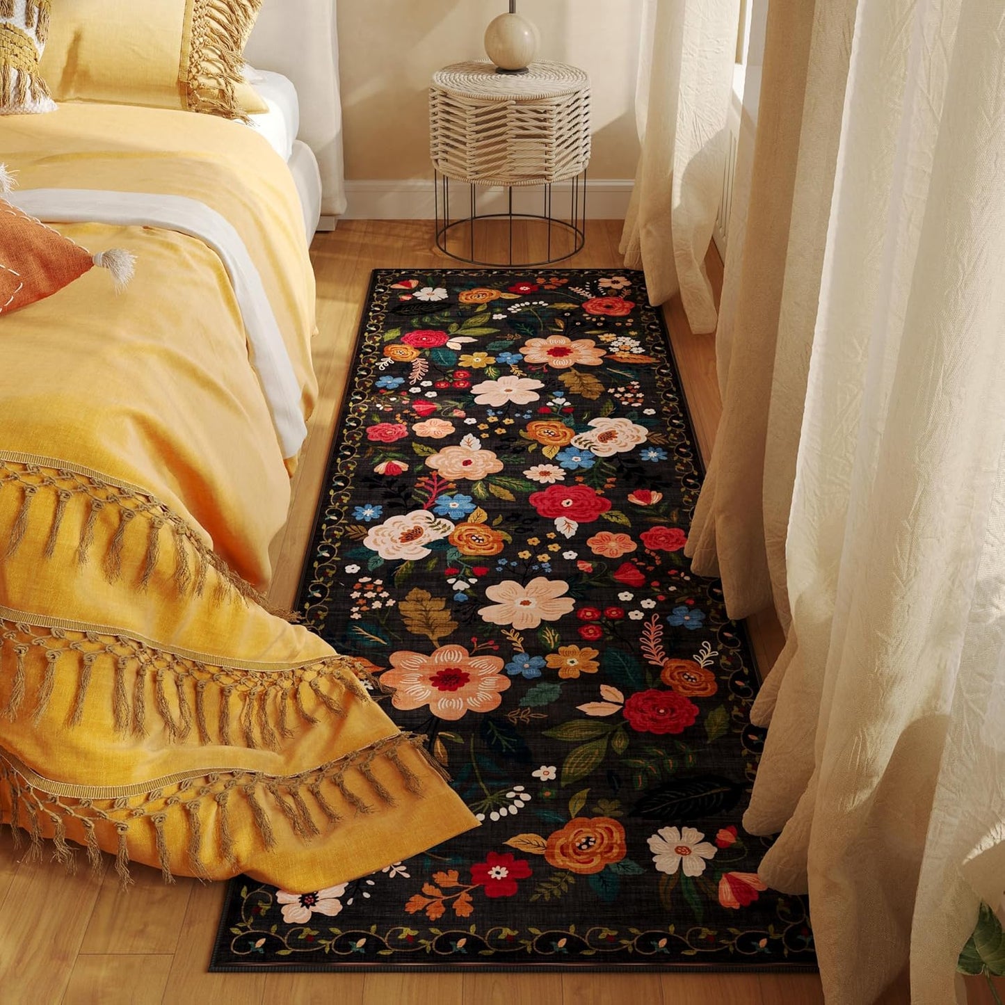 Rugcomf Runner Rug for Hallways Kitchen Rug Non Slip 2'x 6' Washable Runner Rugs with Rubber Backing Soft Floral Carpet Runner for Hallways, Kitchen, Laundry, Bedroom, Bathroom(Black)