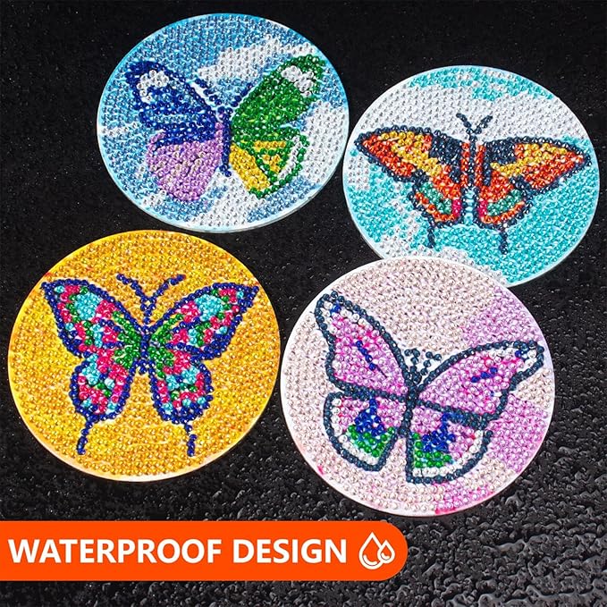 Butterfly Diamond Art Coasters Kit for Adults, 8PCS DIY Diamond Painting Craft Set with Holder, Gem Art Mosaic Coasters, Diamond Dotz Kit, Arts and Crafts Gift for Women & Teens