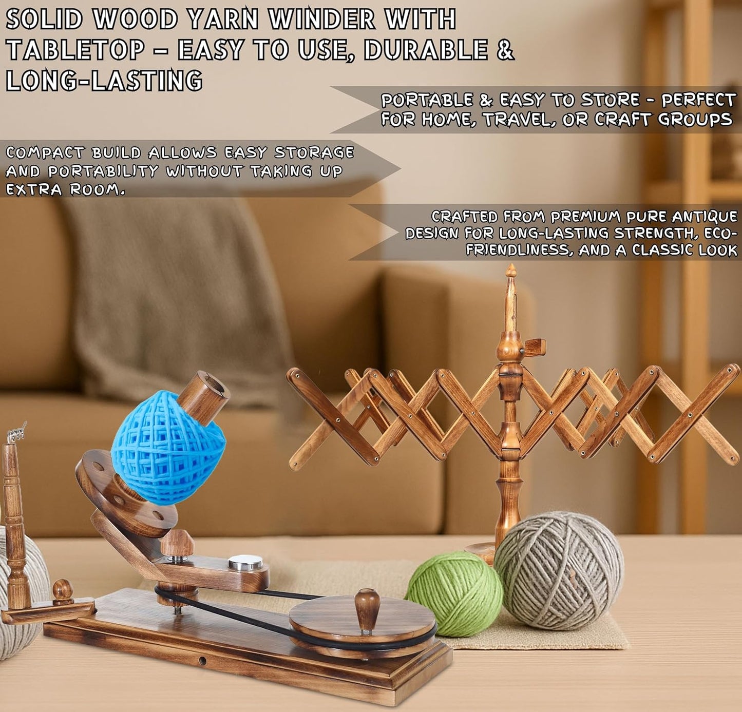 Handmade Wooden Yarn Ball Winder & Table Top Swift for Knitting & Crocheting, Wool String Center Pull (Antique Winder+Swift Set)