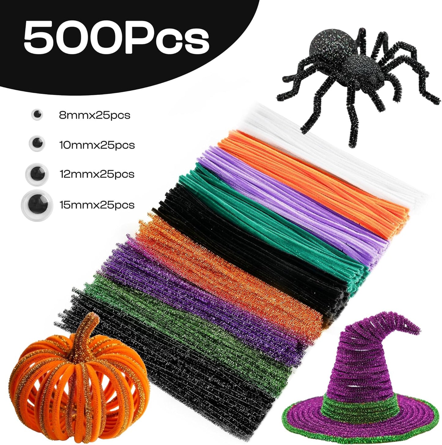 Caydo 500 Pieces Halloween Pipe Cleaners with 100pcs Eyes, Chenille Stems, Pipe Cleaner Crafts for DIY Art and Craft Projects Creative Gift Party Decorations