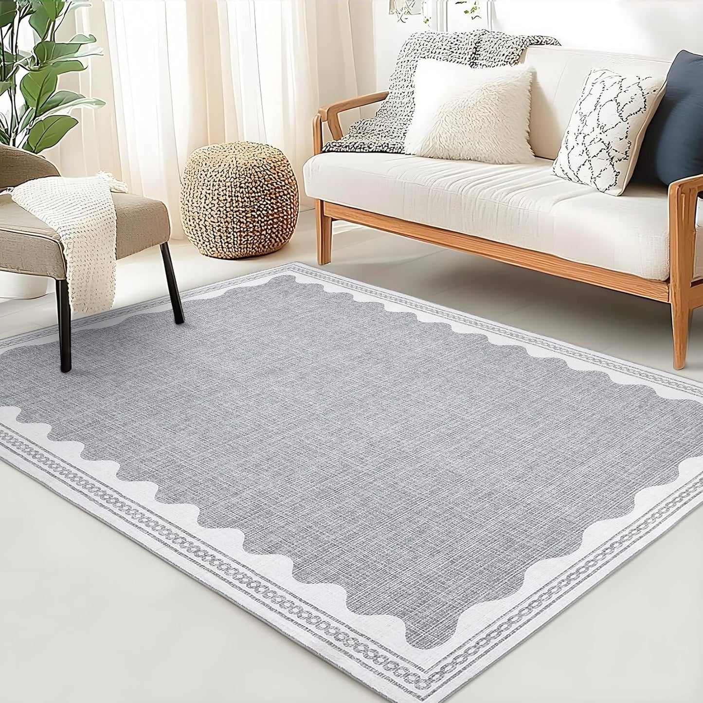 Scalloped 3x5 Rugs for Entryway, Small Area Rugs Solid Grey Rug for Bedroom Girls, 3x5 Washable Rugs for Living Room, Non Slip Scalloped Bath Mat, Soft Dorm Nursery Carpet for Bedside