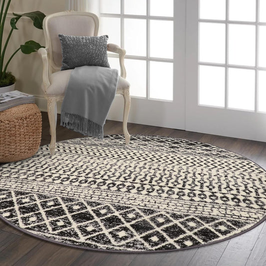 Moroccan Washable Round Area Rug, 4ft Non-Slip Distressed Black Area Rug for Bedroom, Soft Non-Shedding Circle Rug Bedside Carpet for Living Room Dining Room Bedroom