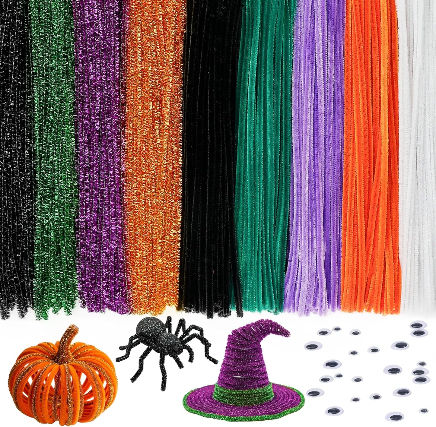 Caydo 500 Pieces Halloween Pipe Cleaners with 100pcs Eyes, Chenille Stems, Pipe Cleaner Crafts for DIY Art and Craft Projects Creative Gift Party Decorations