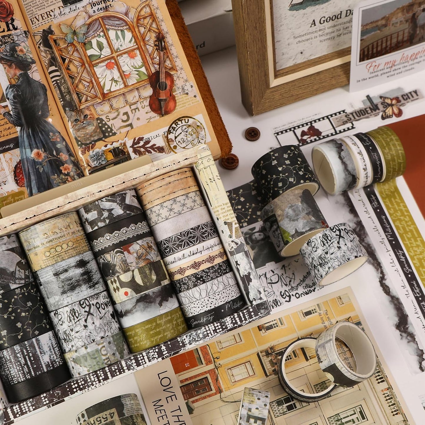 Vintage Washi Tape Set - 24 Rolls Arts Adhesive Tapes Assorted Retro Decorative Masking Tape Sets for Craft, Kids, Scrapbook, DIY, Gift Wrapping (9-Monochrome Mood)