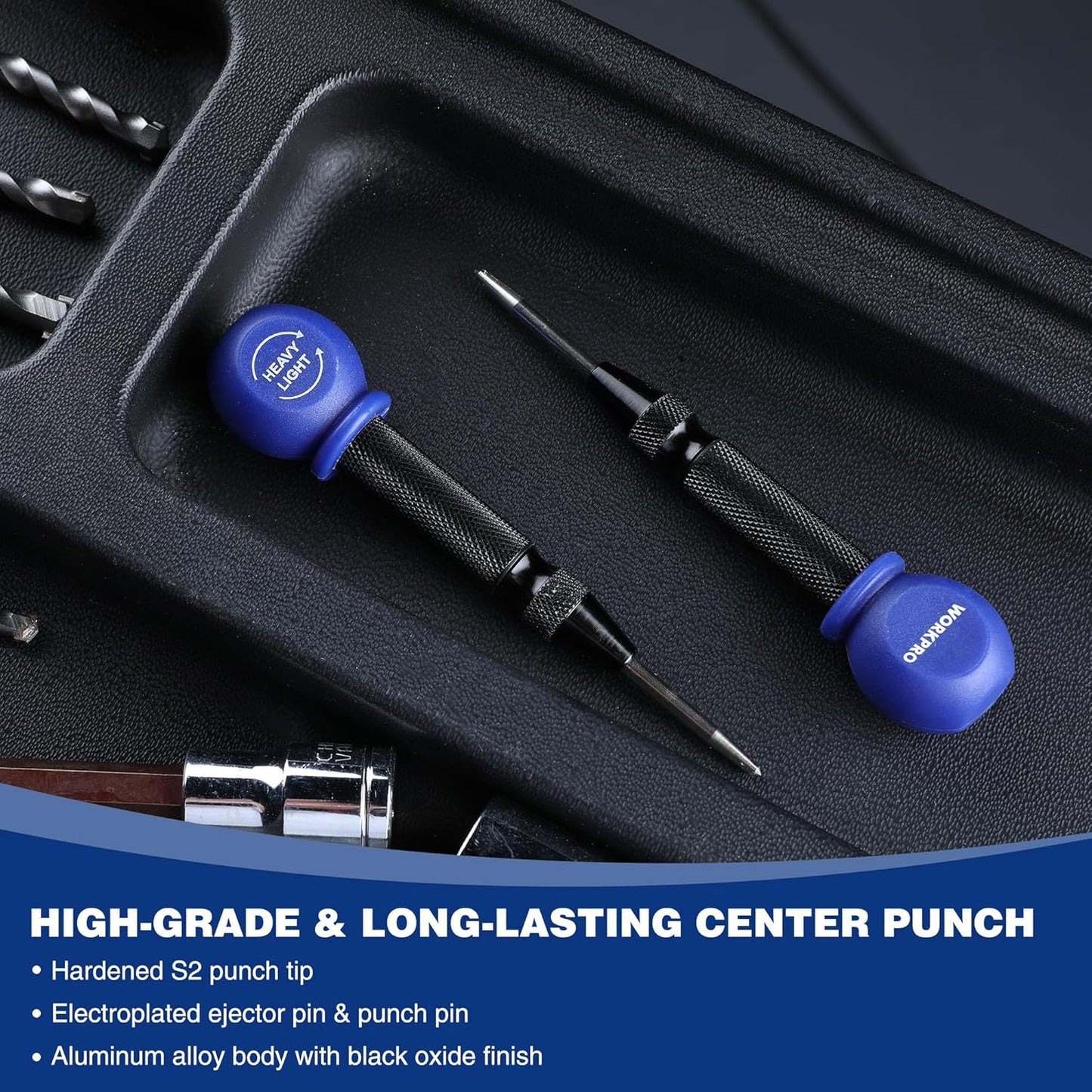 WORKPRO 5" Automatic Center Punch for Metal, Adjustable Spring Loaded Center Punch with Cushion Cap, Metal Punch Tool, Center Hole Punch for Wood, Metal, Plastic