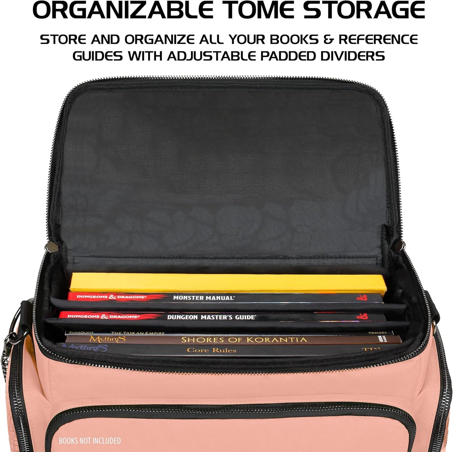 ENHANCE Collector's Edition RPG Adventurer's DnD Bag - Dragon Hide Exterior Travel RPG Bag with Tabletop Miniatures Storage Vault, Mat Holder, DnD Dice & Token Pockets, Fits 4-8 Books (Dragon Pink)