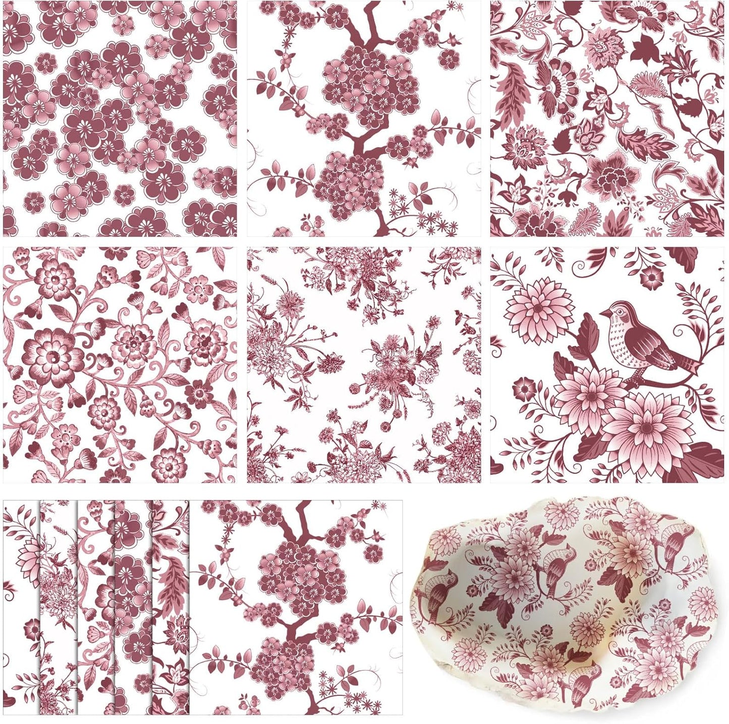Epakh 36 Pack 6 Style Burgundy Decoupage Paper Napkins Assorted Floral Decorative Decoupage Napkin Chinoiserie Cocktail Paper for DIY Crafting Fall Christmas Wedding Party Decor, Each Unfolded 13''