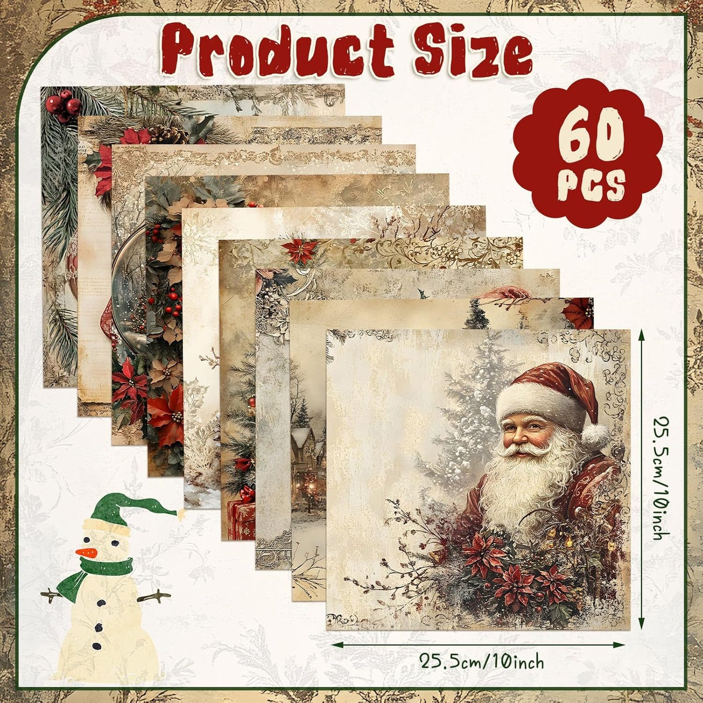 Ganeen 60 Pcs 10 x 10 Inch Vintage Christmas Quilting Fabric Squares Santa Snowman Fat Patchwork Precut Strips Watercolor Nutcracker Fabric Bundles for Winter Xmas DIY Craft Sewing Handmade Material
