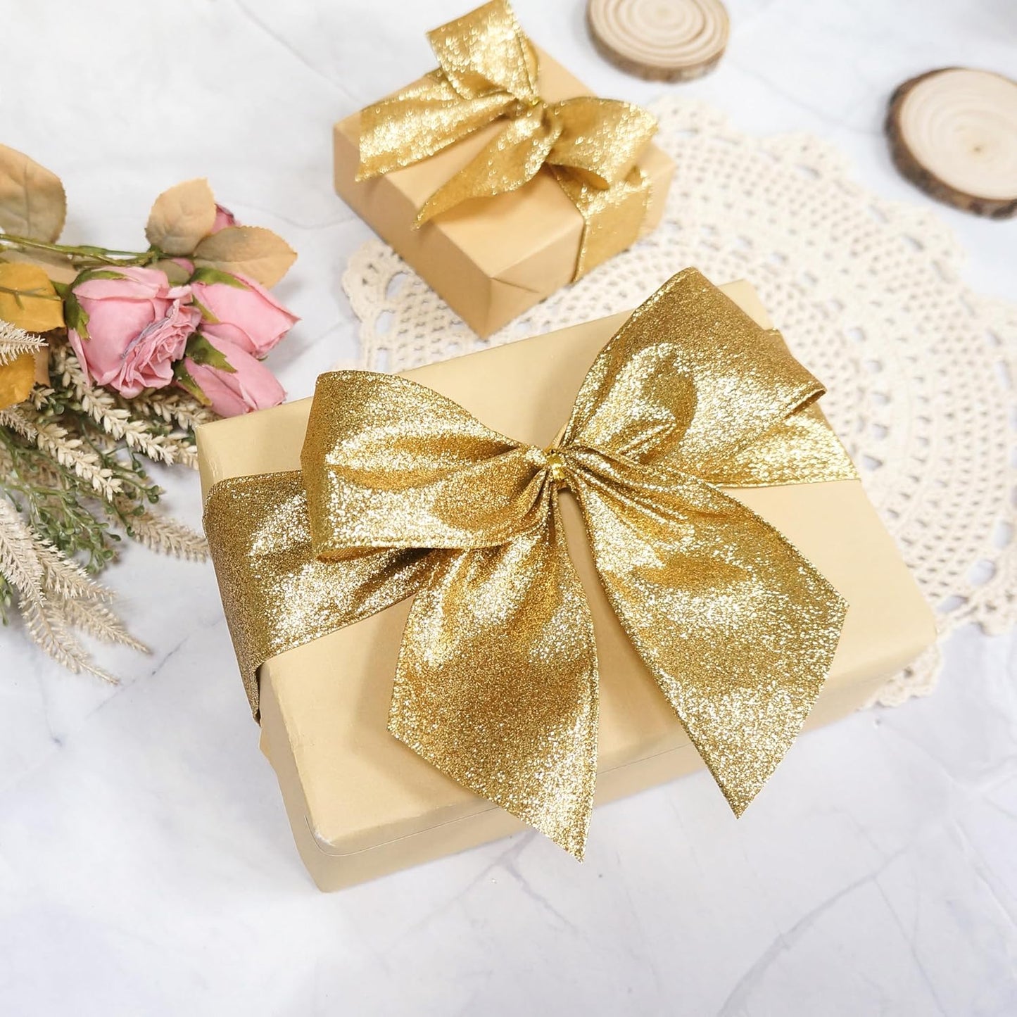 CT CRAFT LLC Glitter Wired Ribbon 2.5" x 10 Yards Yellow Gold for Christmas Home Decor Bow Gift Wrapping DIY Crafts Wreath