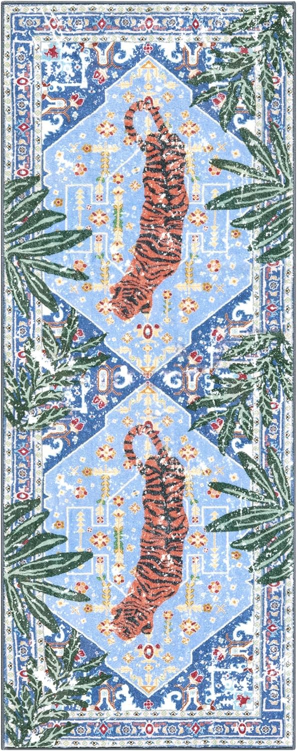 Oriental Tropical Kitchen Runner Rug 2x5 Washable, Thin Stain Resistant Blue Boho Bathroom Runner Rug for Hallway Entryway Bedroom Laundry, Vintage Abstract Hippie Botanical Long Carpet